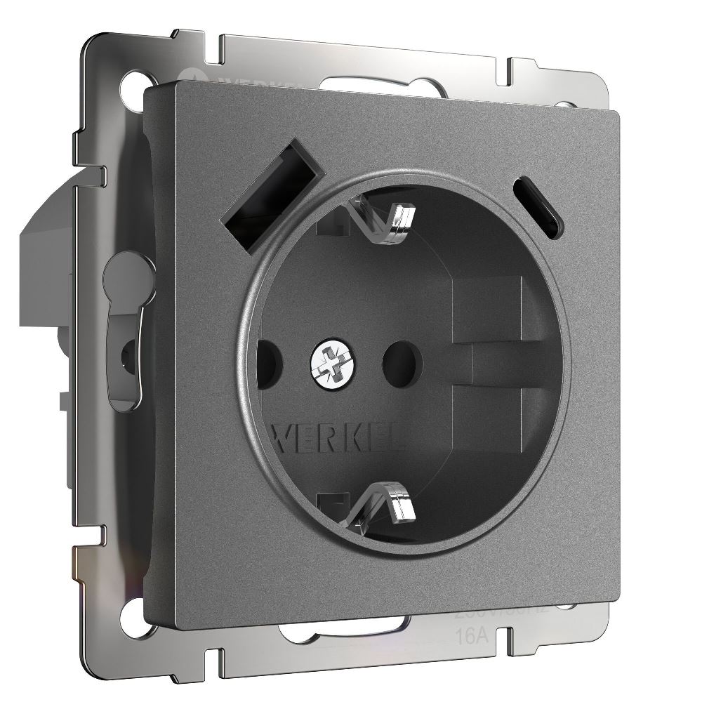 Розетка встраиваемая Werkel с заземлением, шторками и USB тип A+C Графит матовый W1171764