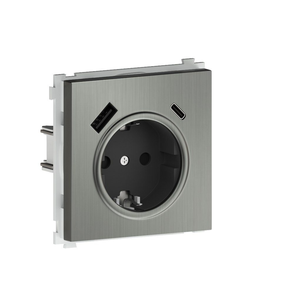 Розетка встраиваемая Donel R98 Metal с заземлением, шторками и USB тип A+C Никель DA15500-DA222NB