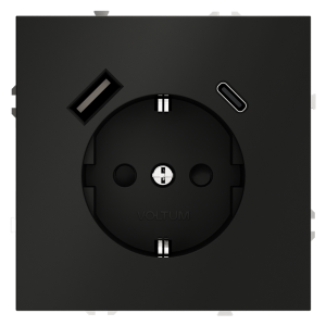 Розетка встраиваемая Voltum S70 с заземлением, шторками и USB A+C Черный матовый VLS040508